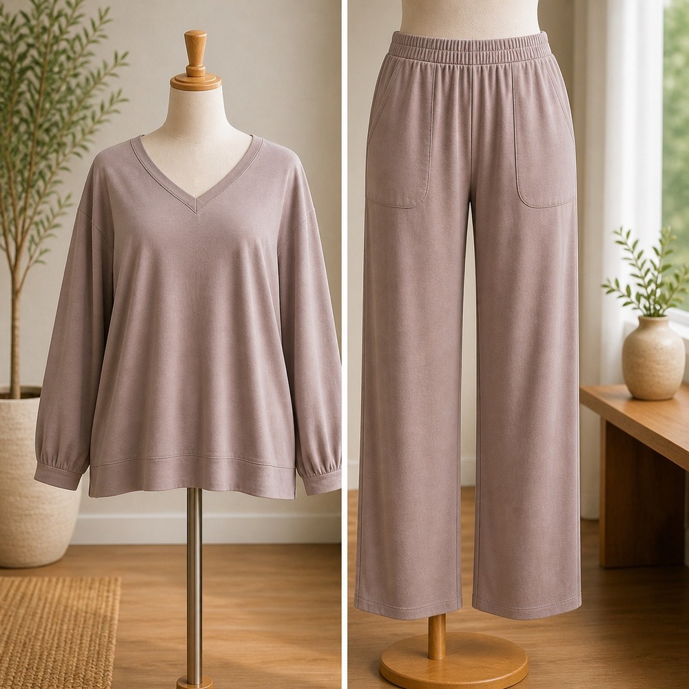 AnyBody Mauve Taupe 2 Piece Lounge Set V-Neck Puff Sleeve Top Pants 3XP Plus